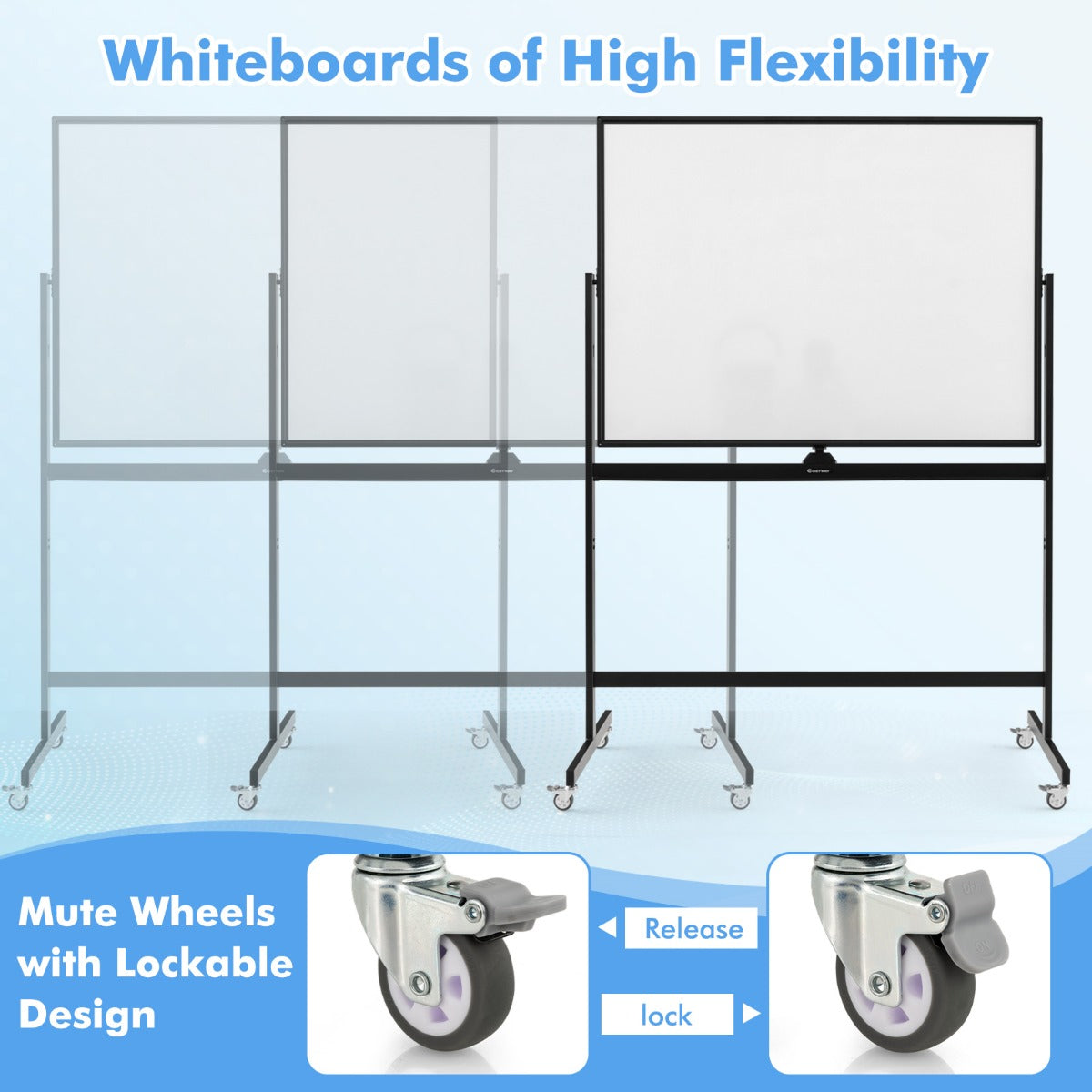 LIVSK Dubbelzijdig Mobiel Whiteboard - Hoogte Verstelbaar 160-180 cm - Inclusief Accessoires - Perfect voor Presentaties - Wit