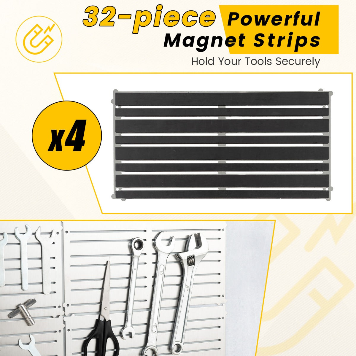 LIVSK Magnetische Gereedschapspanelen - 4 Borden met 32 Sterke Magneten - Voorgeboorde Gaten - Multifunctioneel - Zilver