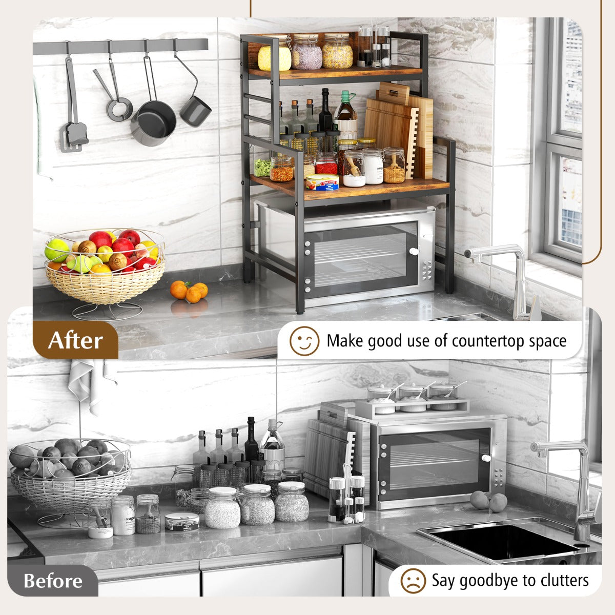LIVSK 3-tier aanrechtblad - Stevig metaal en rustiek hout - Verstelbare poten - Capaciteit 50 kg - 52 x 42 x 78 cm - Rustiek