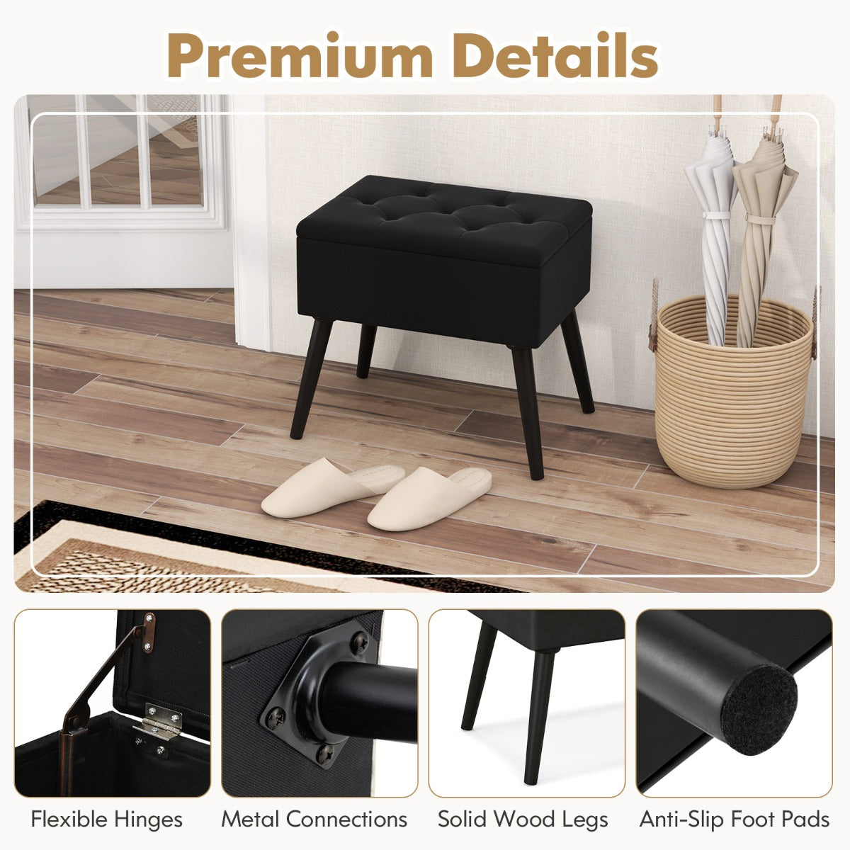 LIVSK Fluwelen Opberg-Ottoman - Luxe Zitcomfort - Handige Opbergruimte - Stevige Houten Poten - 53,5 x 38 x 46,5 cm - Zwart