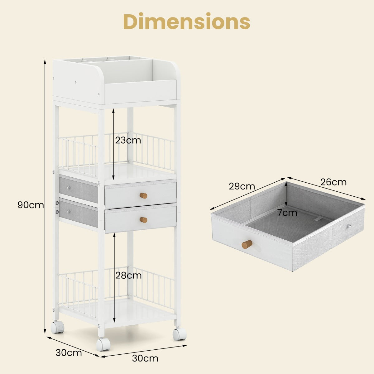 LIVSK Make-up Organizer Trolley - Stevig Metaal - 2 Legplanken - 2 Lades - Wieltjes met Remmen - 30 x 30 x 90 cm - Wit