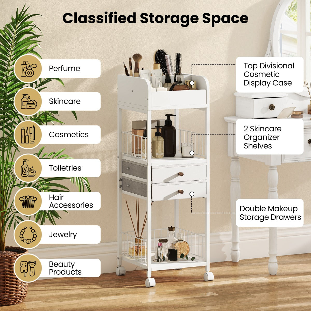 LIVSK Make-up Organizer Trolley - Stevig Metaal - 2 Legplanken - 2 Lades - Wieltjes met Remmen - 30 x 30 x 90 cm - Wit