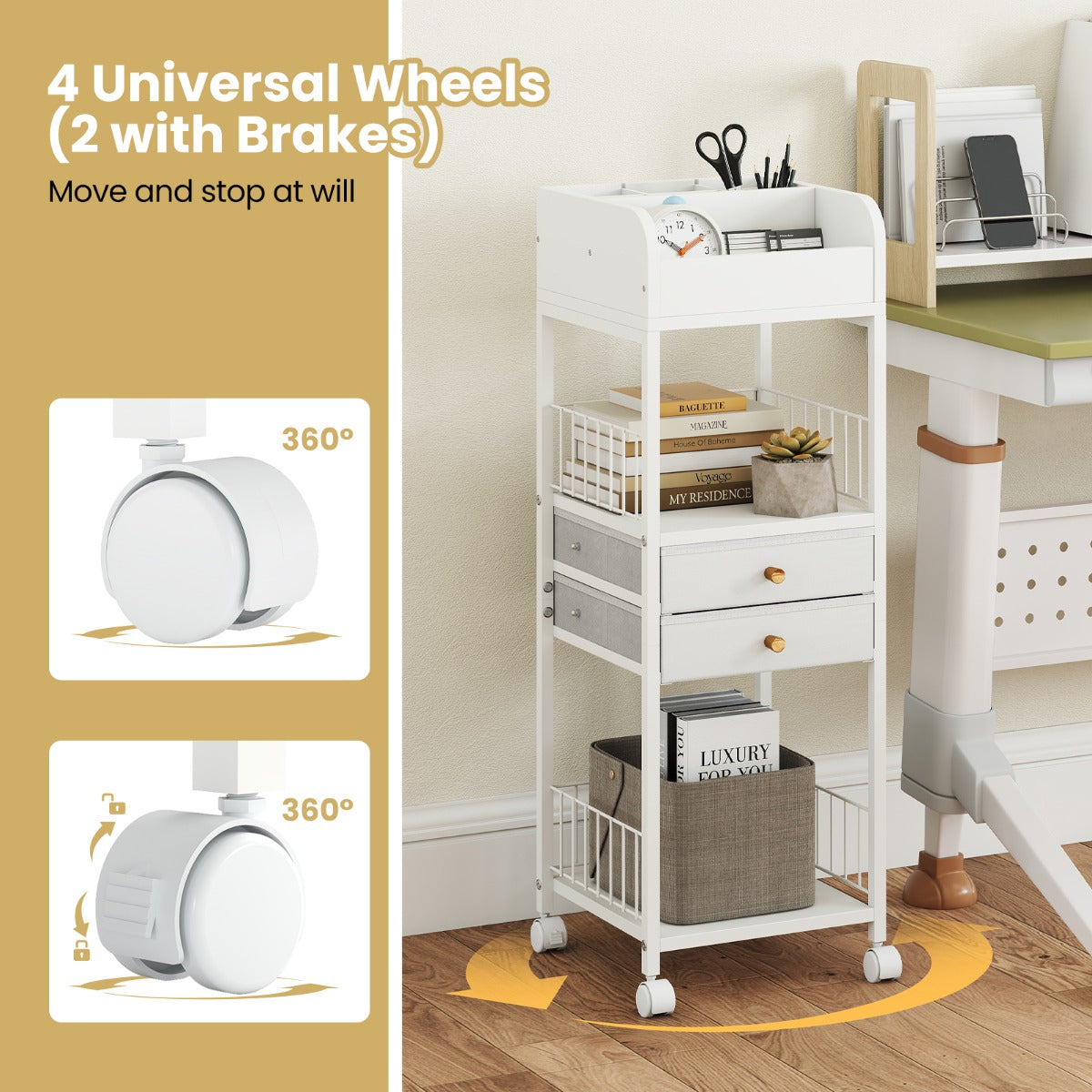 LIVSK Make-up Organizer Trolley - Stevig Metaal - 2 Legplanken - 2 Lades - Wieltjes met Remmen - 30 x 30 x 90 cm - Wit