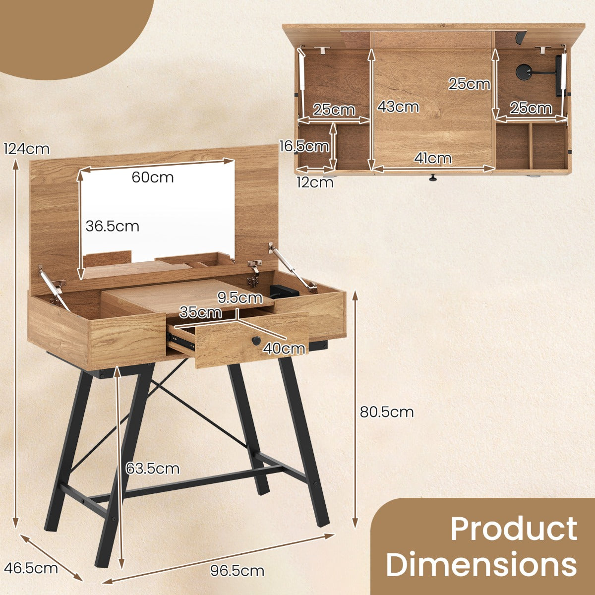 LIVSK 2-in-1 Make-uptafel met Spiegel - Oplaadstation - 6 Opbergvakken - Stabiel Metaal - Natuur