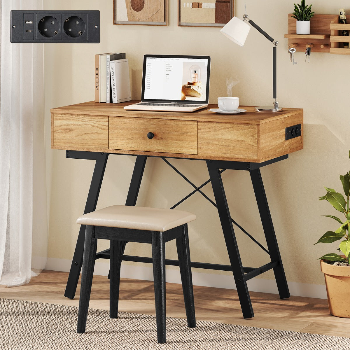 LIVSK 2-in-1 Make-uptafel met Spiegel - Oplaadstation - 6 Opbergvakken - Stabiel Metaal - Natuur