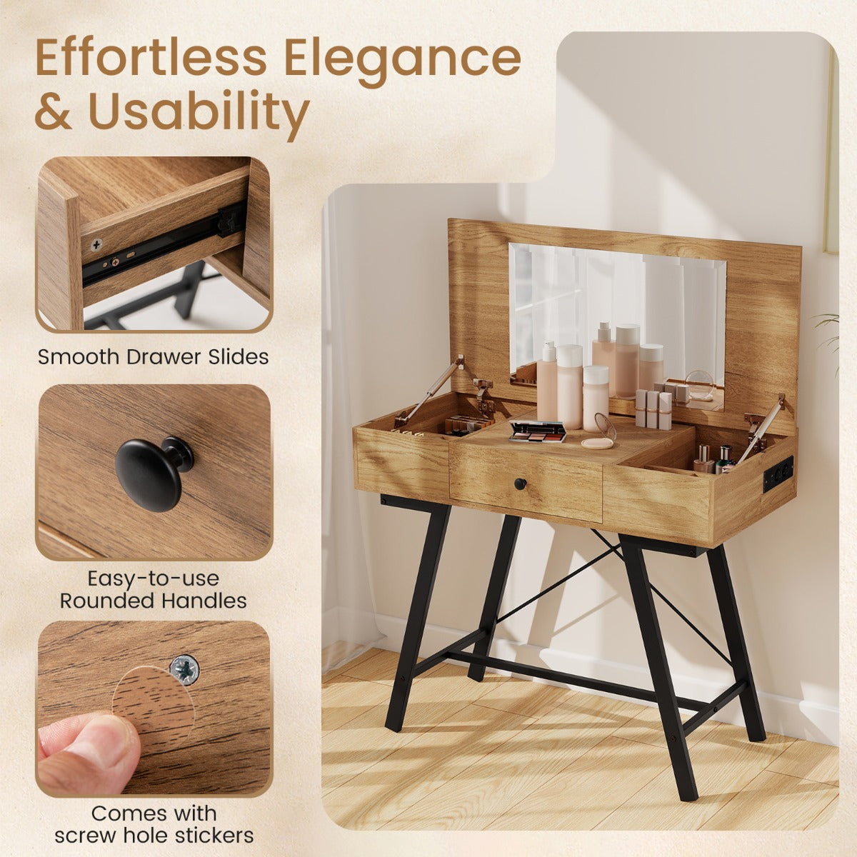 LIVSK 2-in-1 Make-uptafel met Spiegel - Oplaadstation - 6 Opbergvakken - Stabiel Metaal - Natuur