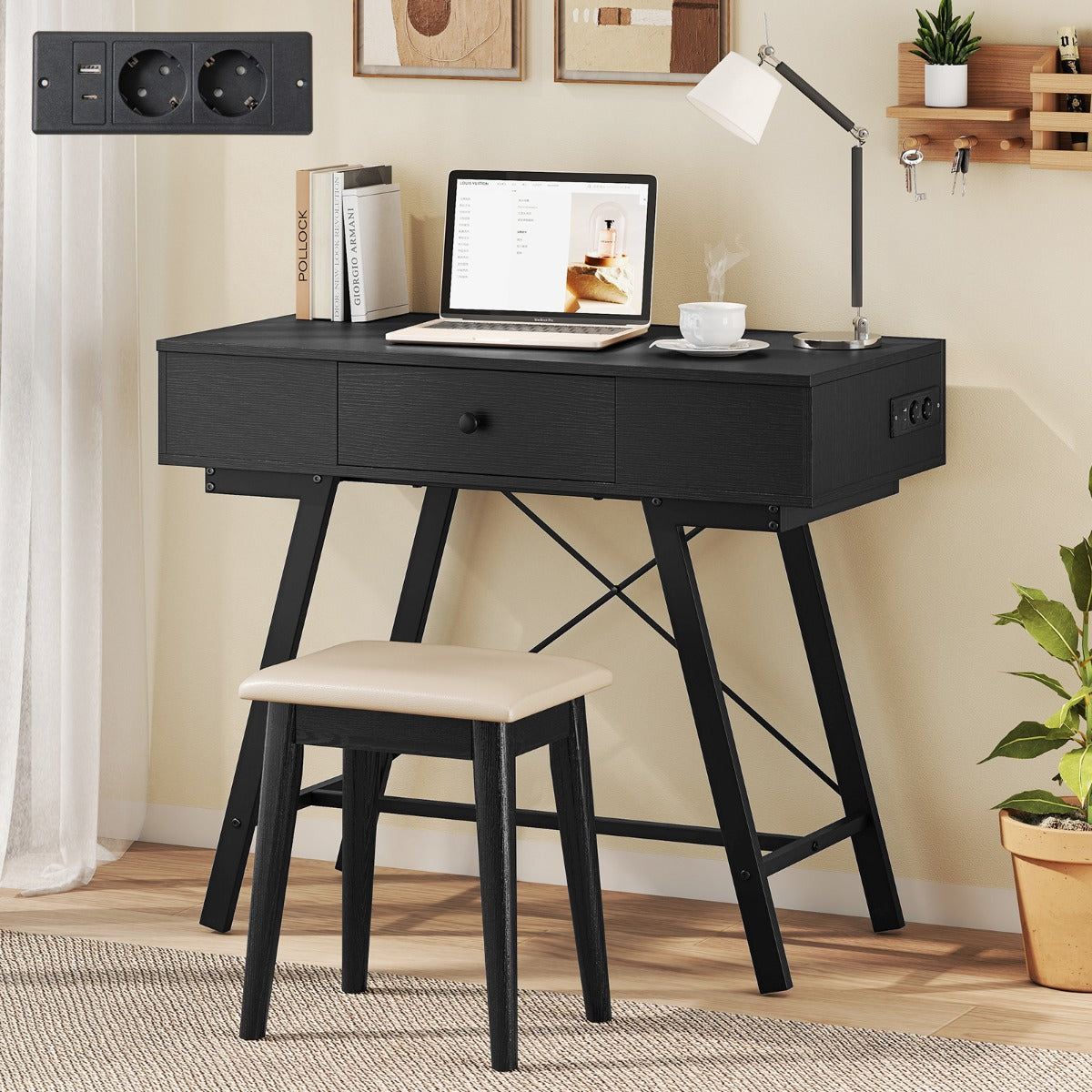 LIVSK Make-uptafel met Spiegel - Oplaadstation - 6 Vakken en Lade - Robuust Metaal - 96,5 x 46,5 x 80,5 cm - Zwart