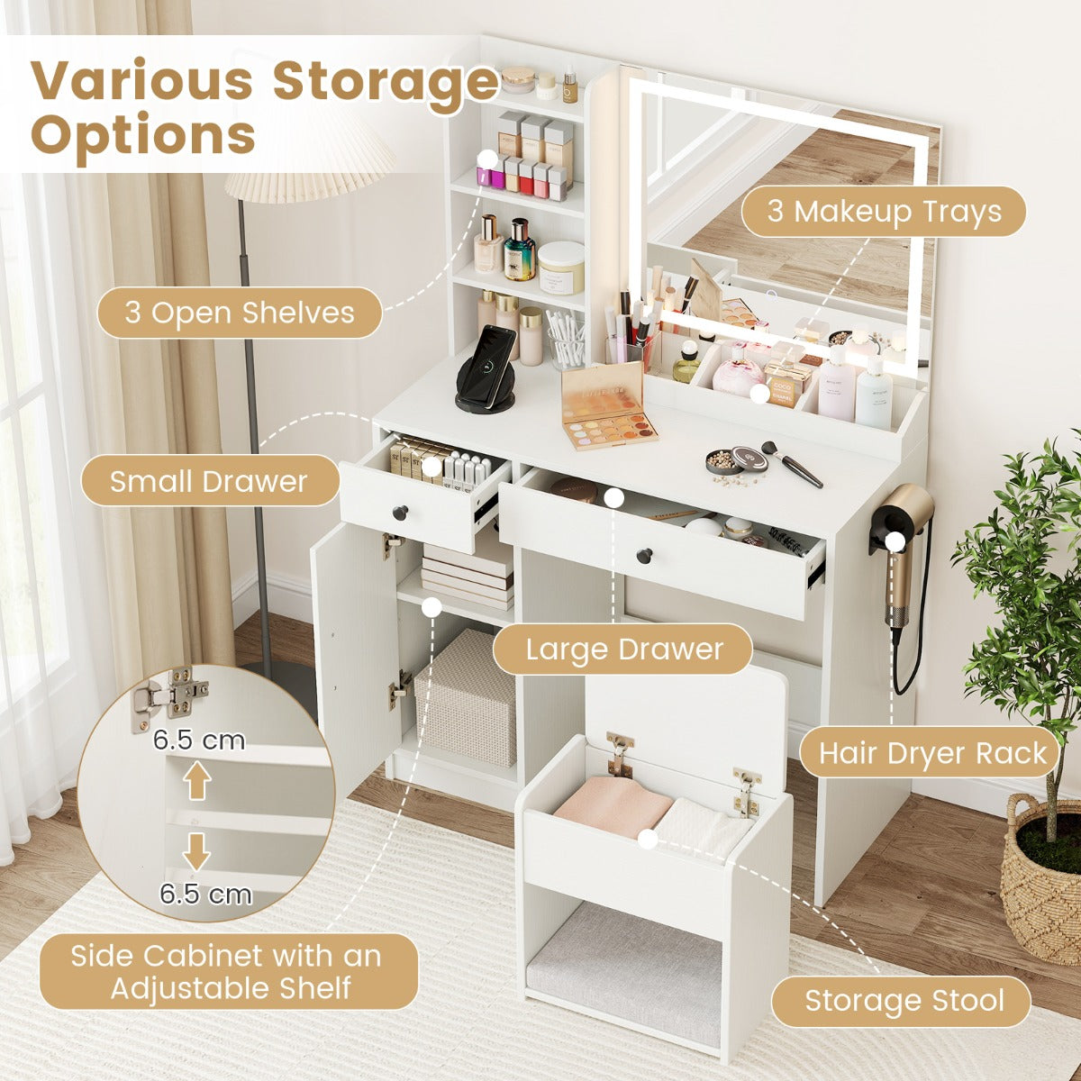 LIVSK LED-makeuptafelset - Verlichte Spiegel met 3 Kleurmodi - Oplaadstation - Diverse Opbergmogelijkheden - 90 x 40 x 135 cm -