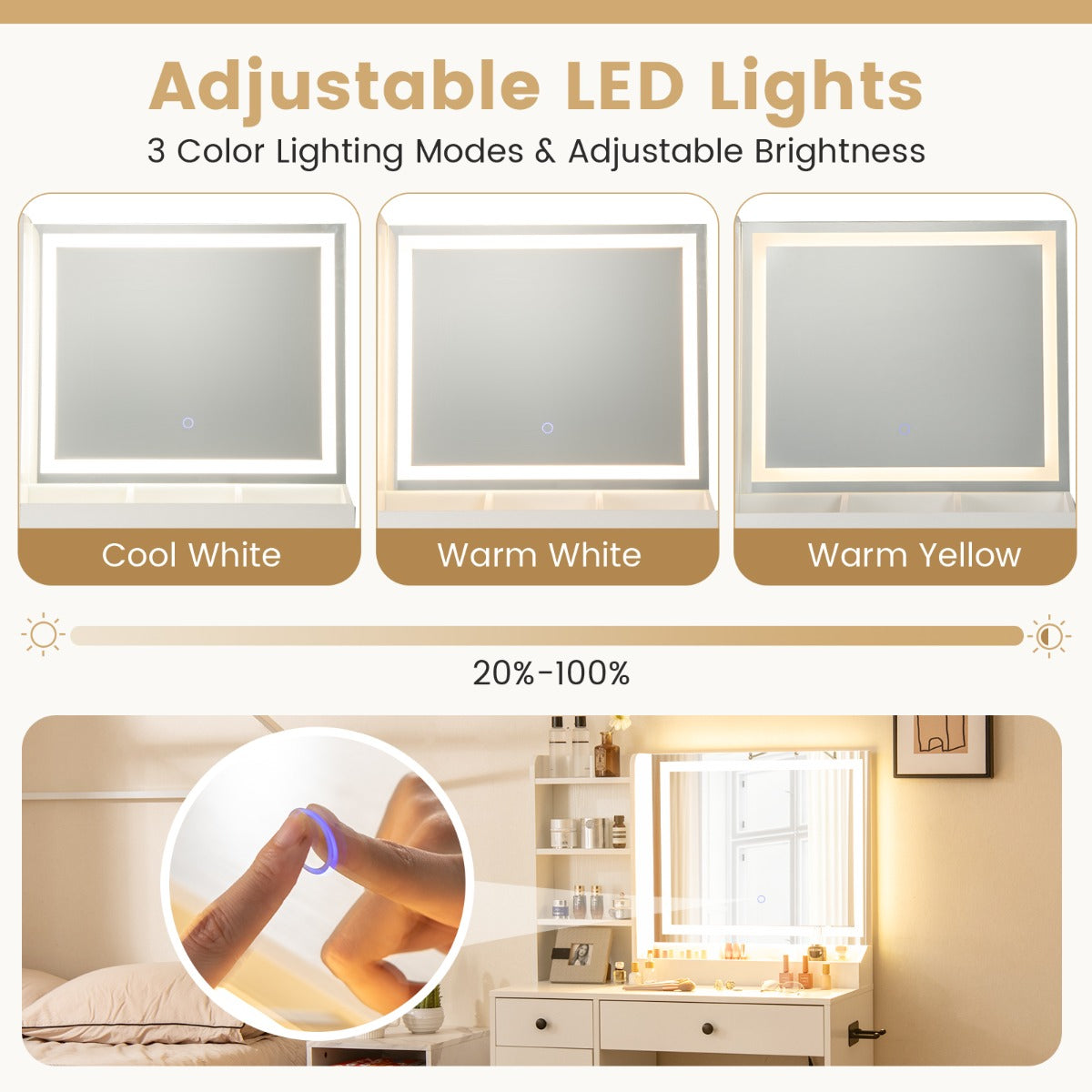 LIVSK LED-makeuptafelset - Verlichte Spiegel met 3 Kleurmodi - Oplaadstation - Diverse Opbergmogelijkheden - 90 x 40 x 135 cm -