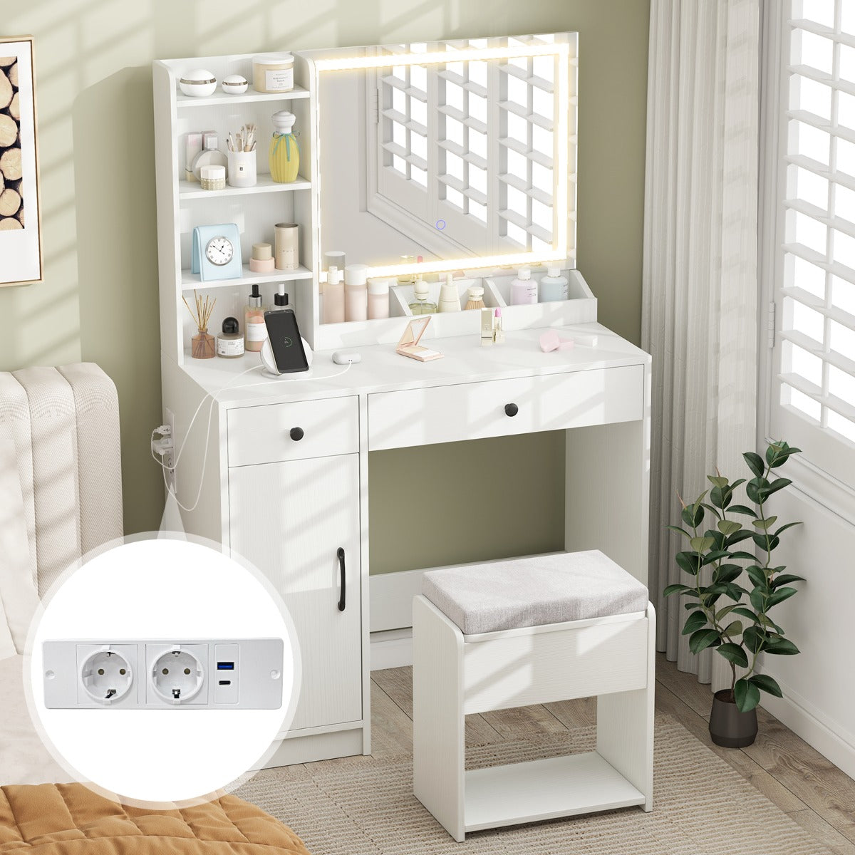 LIVSK LED-makeuptafelset - Verlichte Spiegel met 3 Kleurmodi - Oplaadstation - Diverse Opbergmogelijkheden - 90 x 40 x 135 cm -