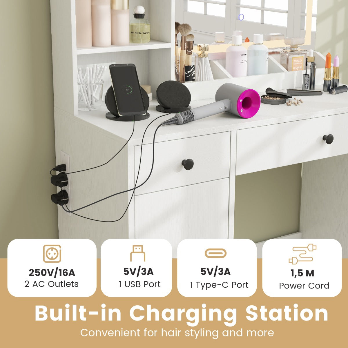 LIVSK LED-makeuptafelset - Verlichte Spiegel met 3 Kleurmodi - Oplaadstation - Diverse Opbergmogelijkheden - 90 x 40 x 135 cm -