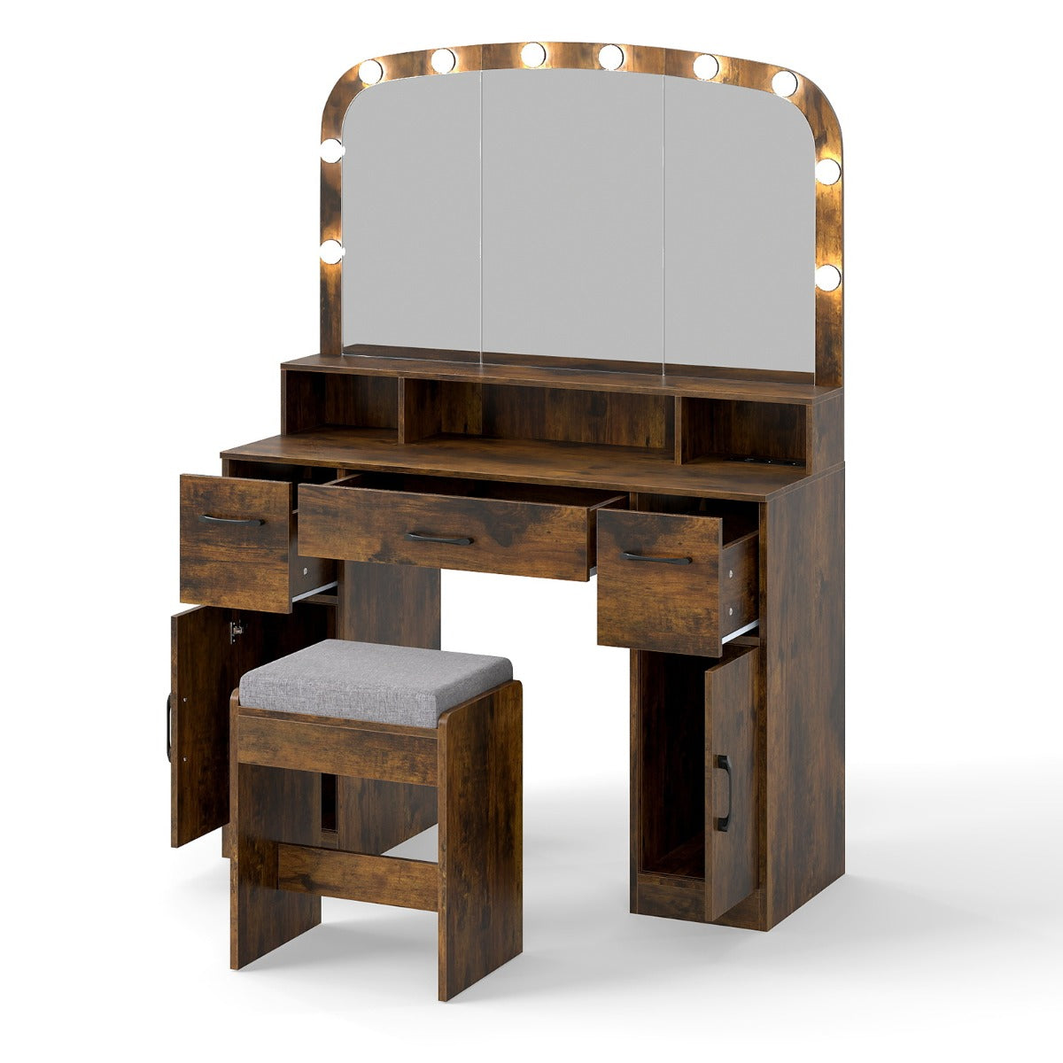 LIVSK Make-uptafel met Spiegel en Verlichting - 10 LED-lampen - Oplaadstation - Veel Opbergruimte - Rustiek bruin