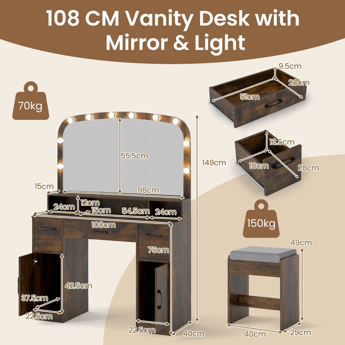 LIVSK Make-uptafel met Spiegel en Verlichting - 10 LED-lampen - Oplaadstation - Veel Opbergruimte - Rustiek bruin