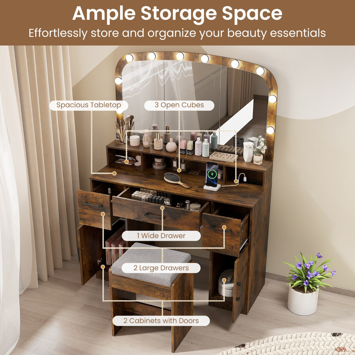 LIVSK Make-uptafel met Spiegel en Verlichting - 10 LED-lampen - Oplaadstation - Veel Opbergruimte - Rustiek bruin