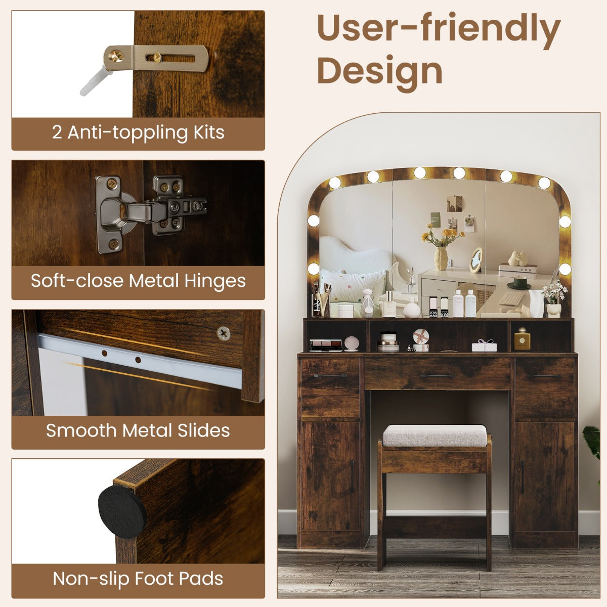 LIVSK Make-uptafel met Spiegel en Verlichting - 10 LED-lampen - Oplaadstation - Veel Opbergruimte - Rustiek bruin