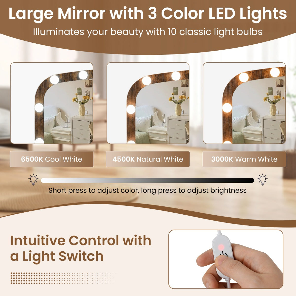 LIVSK Make-uptafel met Spiegel en Verlichting - 10 LED-lampen - Oplaadstation - Veel Opbergruimte - Rustiek bruin