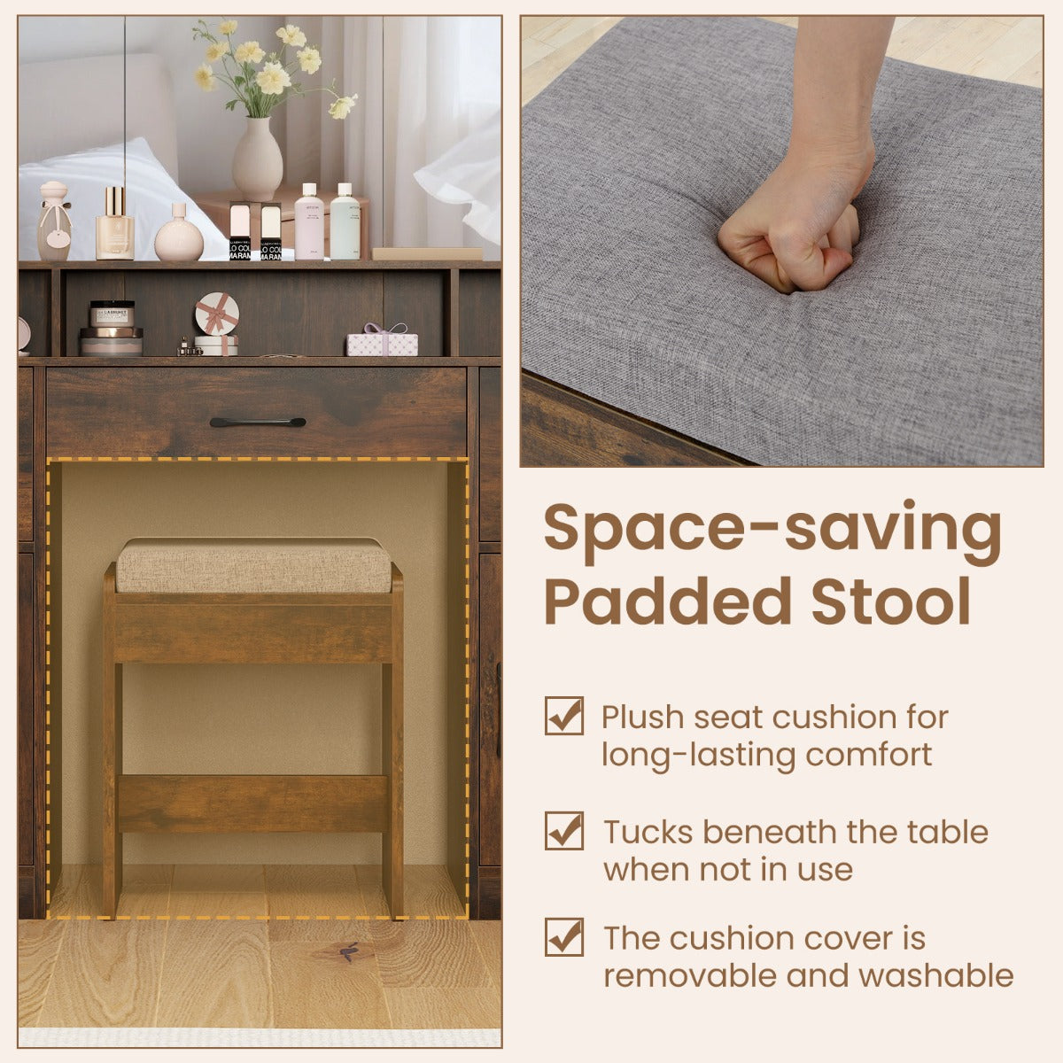 LIVSK Make-uptafel met Spiegel en Verlichting - 10 LED-lampen - Oplaadstation - Veel Opbergruimte - Rustiek bruin