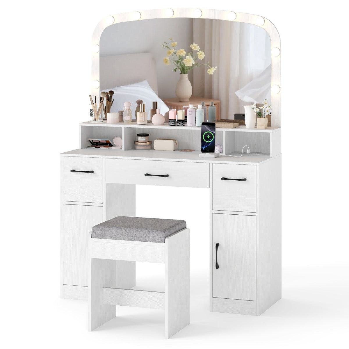 LIVSK Make-uptafel met Spiegel en 10 LED-lampen - Oplaadstation met AC, USB en Type-C - Veel Opbergruimte - Wit