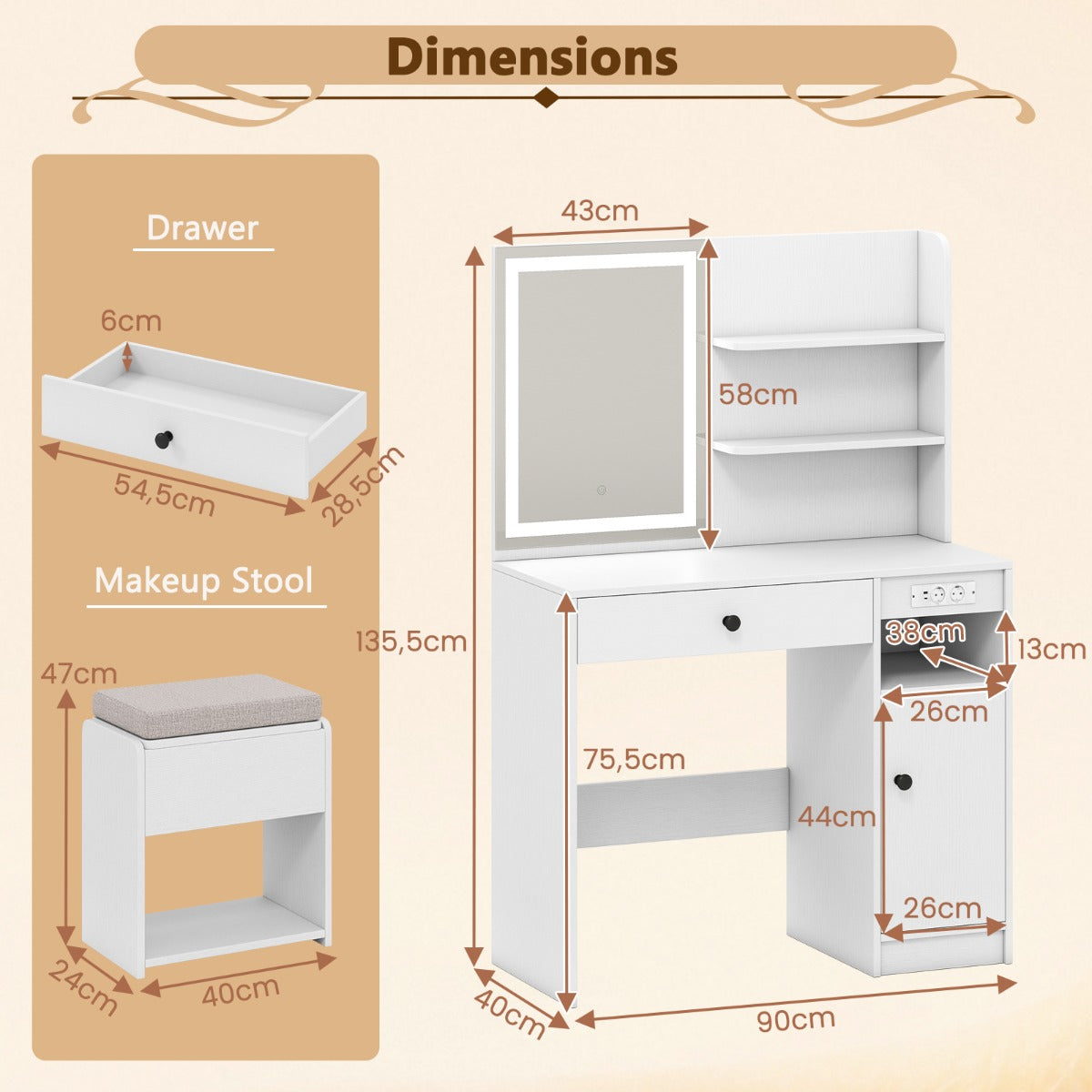 LIVSK Make-uptafel met Spiegel - 3 Verlichtingsmodi - Ingebouwde Stopcontacten - Ruime Opbergruimte - Inclusief Kruk - Wit