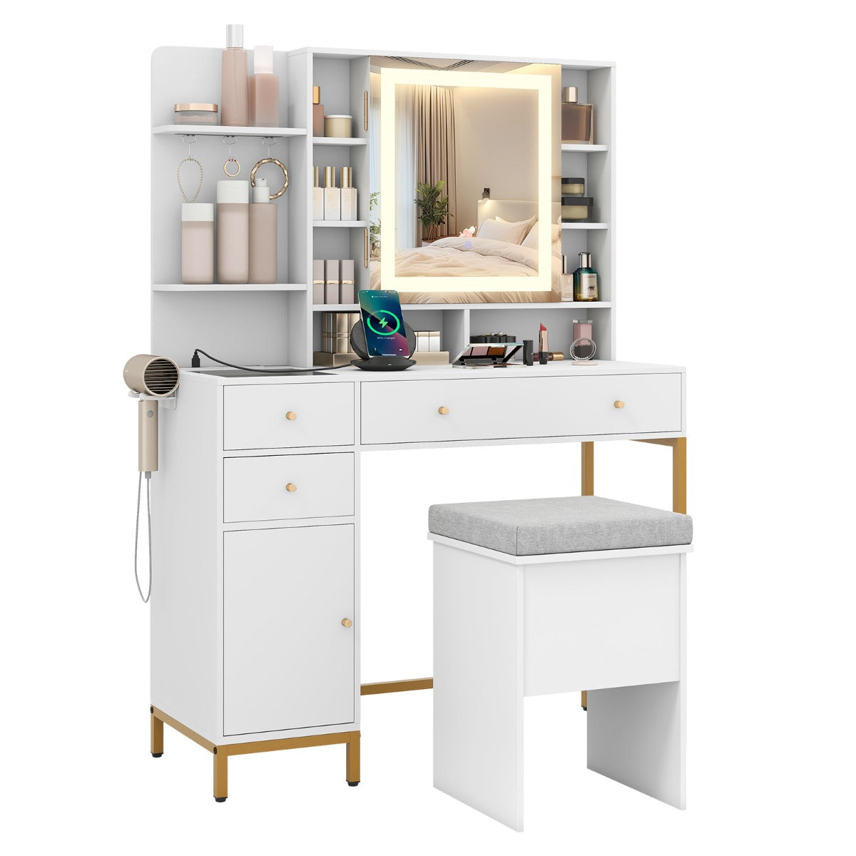 LIVSK Kaptafelset met Verlichte Spiegel - Oplaadstation met USB en Type-C - 8 Planken - Stijlvol Design - Wit + Goud