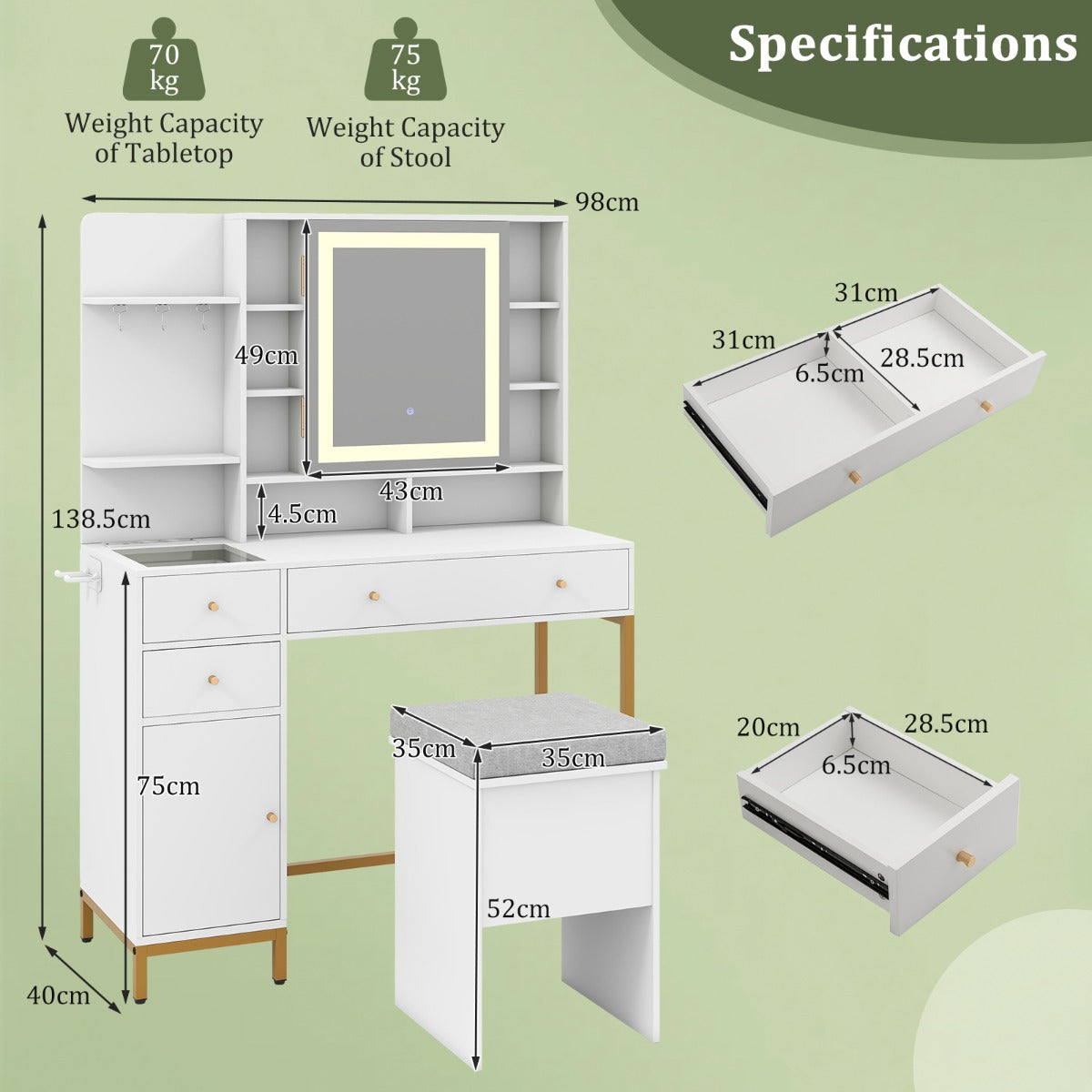LIVSK Kaptafelset met Verlichte Spiegel - Oplaadstation met USB en Type-C - 8 Planken - Stijlvol Design - Wit + Goud