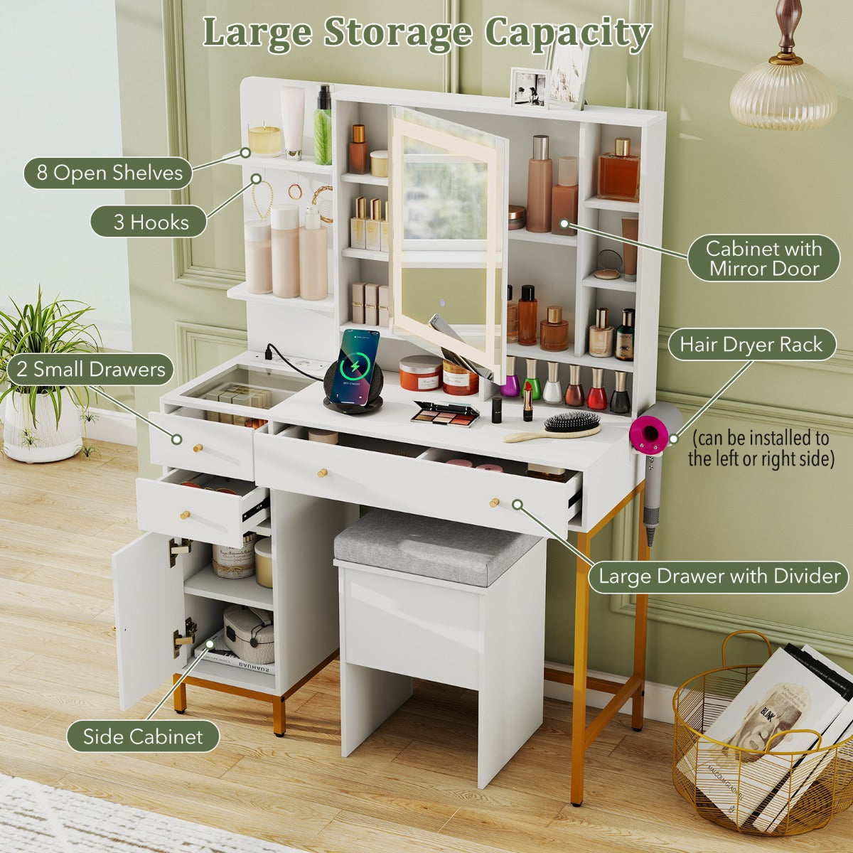 LIVSK Kaptafelset met Verlichte Spiegel - Oplaadstation met USB en Type-C - 8 Planken - Stijlvol Design - Wit + Goud