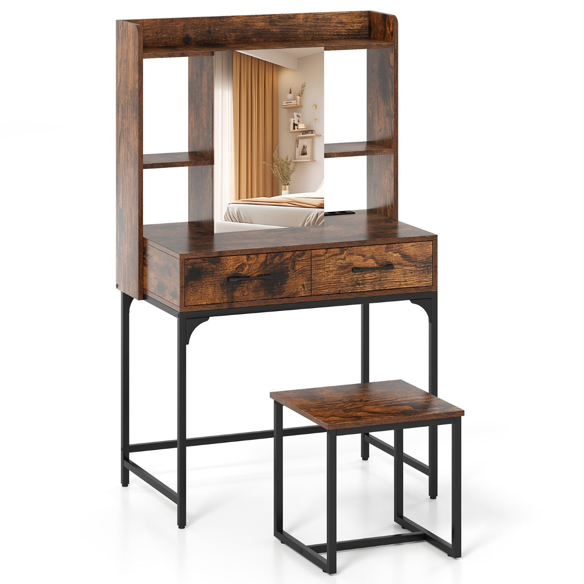 LIVSK Make-up Tafel met Spiegel en Kruk - Oplaadstation - 2 Lades - Open Planken - Stabiliteit - 80 x 50 x 138 cm - Rustiek Bruin