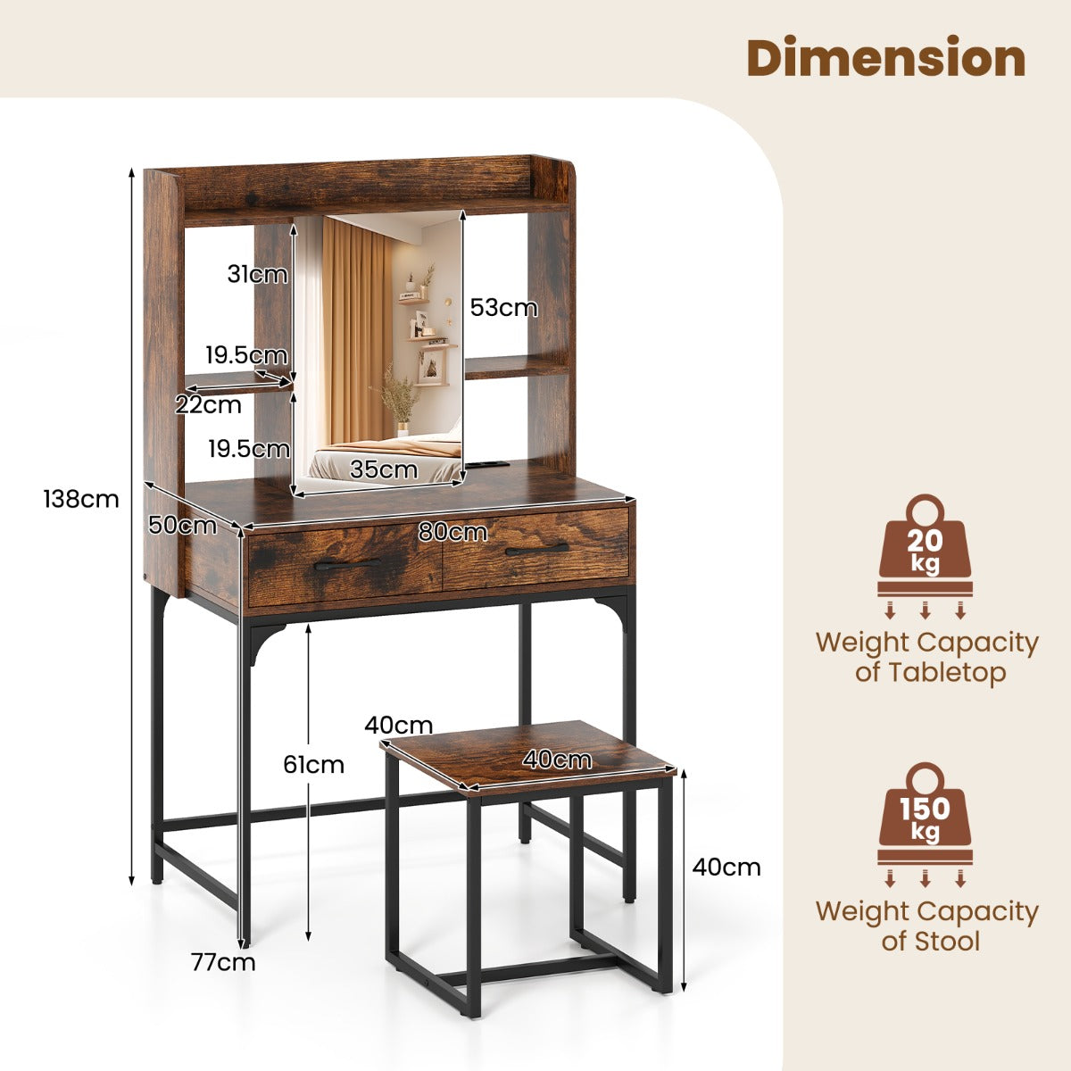 LIVSK Make-up Tafel met Spiegel en Kruk - Oplaadstation - 2 Lades - Open Planken - Stabiliteit - 80 x 50 x 138 cm - Rustiek Bruin