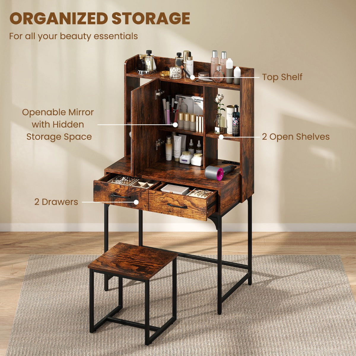 LIVSK Make-up Tafel met Spiegel en Kruk - Oplaadstation - 2 Lades - Open Planken - Stabiliteit - 80 x 50 x 138 cm - Rustiek Bruin