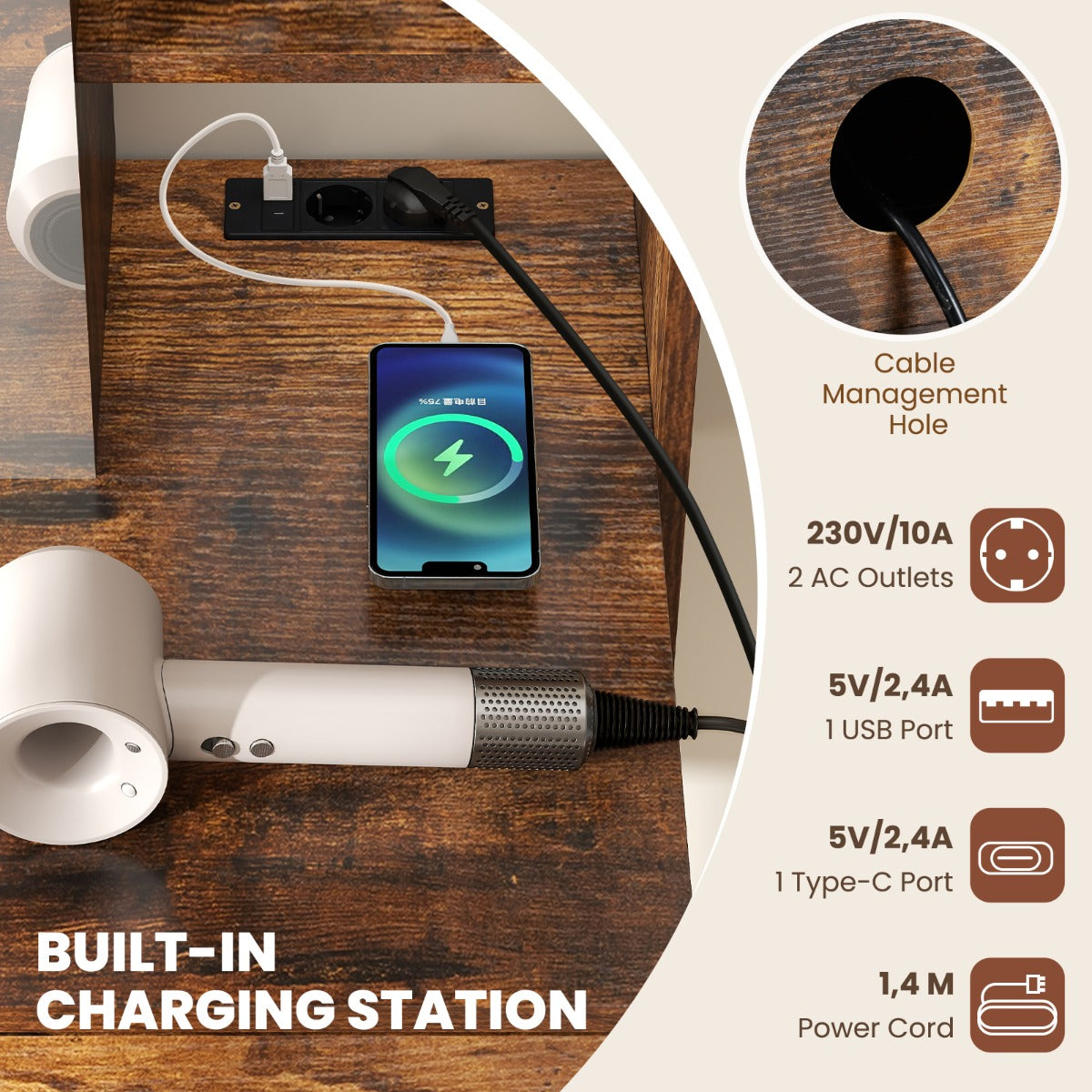 LIVSK Make-up Tafel met Spiegel en Kruk - Oplaadstation - 2 Lades - Open Planken - Stabiliteit - 80 x 50 x 138 cm - Rustiek Bruin