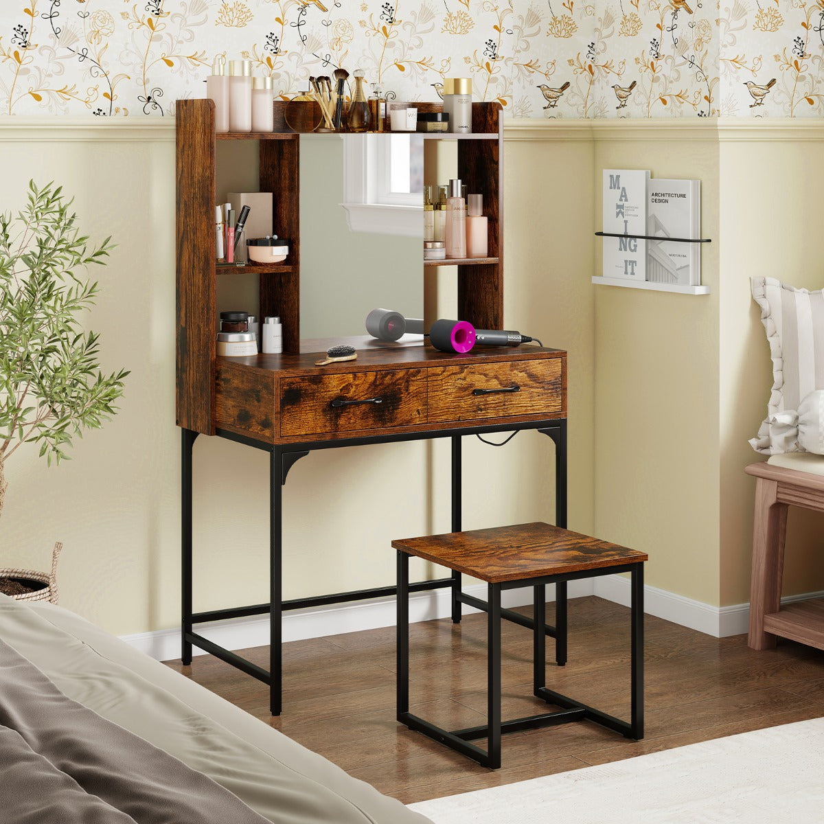 LIVSK Make-up Tafel met Spiegel en Kruk - Oplaadstation - 2 Lades - Open Planken - Stabiliteit - 80 x 50 x 138 cm - Rustiek Bruin