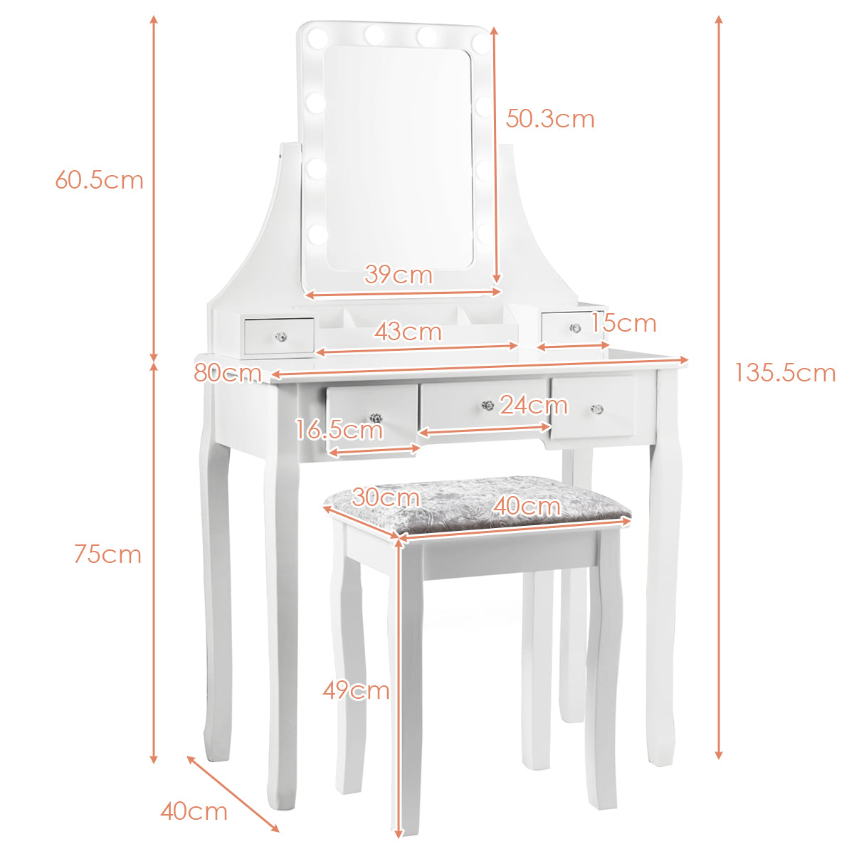 LIVSK Kaptafelset met Spiegel en Kruk - 10 LED-lampen - 5 Lades - Draaibare Spiegel - Comfortabele Kruk - Wit
