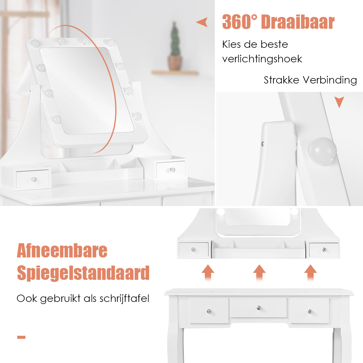 LIVSK Kaptafelset met Spiegel en Kruk - 10 LED-lampen - 5 Lades - Draaibare Spiegel - Comfortabele Kruk - Wit