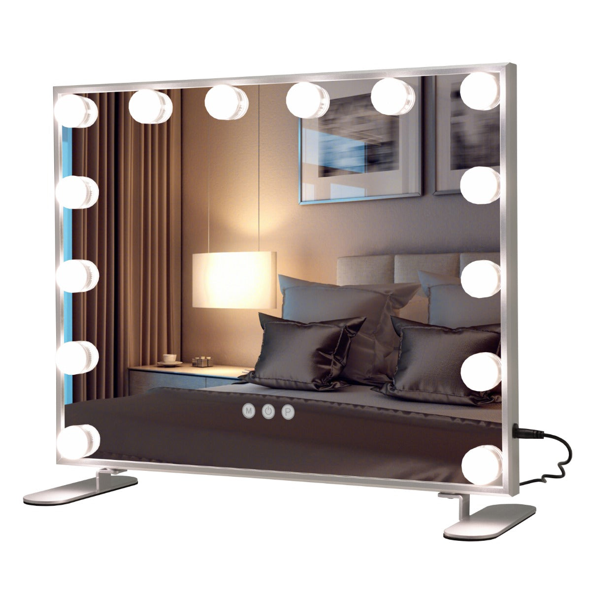 LIVSK Verlichte Make-upspiegel - 14 LED-lampen - 3 Lichtkleuren - Aanraakbediening - Wand- of tafelmontage - Zilver