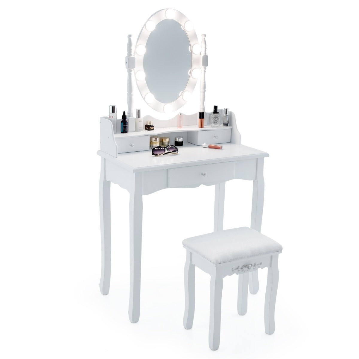 LIVSK Make-Uptafel met Ledverlichting - 3 Laden - 360° Draaibare Spiegel - Gevoerde Stoel - Stabiel Massief Hout - Wit