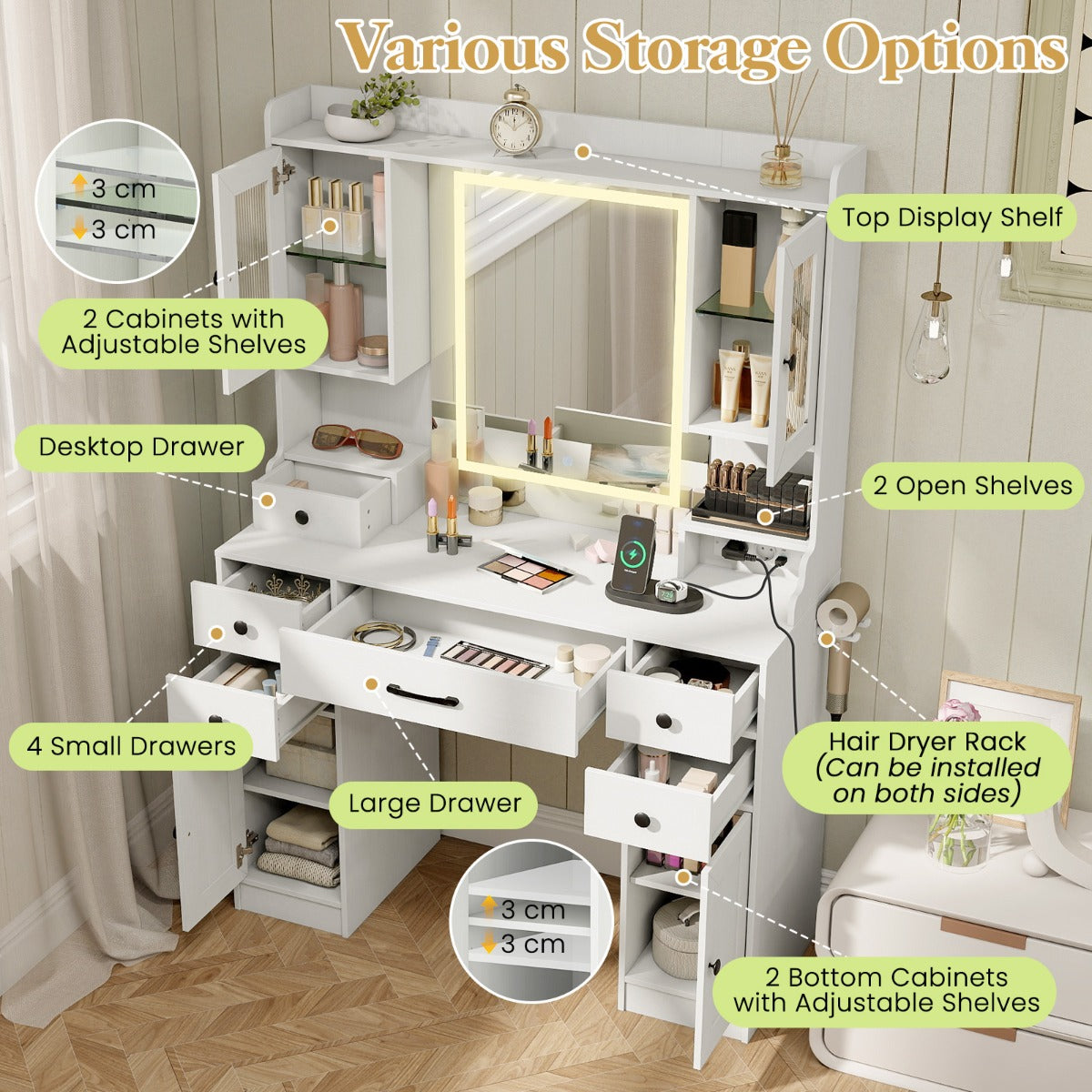 Livsk costway make uptafel met spiegel en verlichting grote make uptafel met stopcontacten wit 5