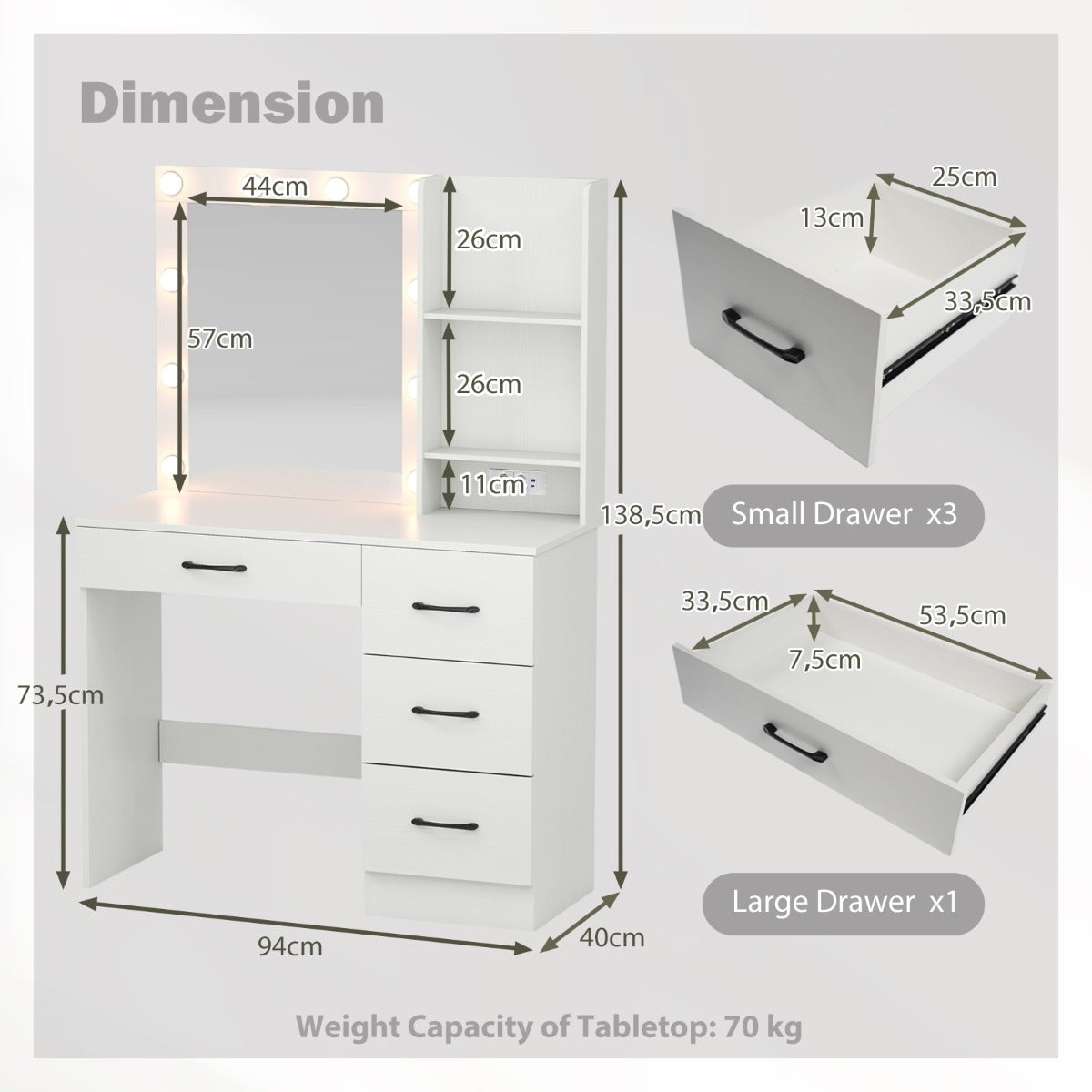 LIVSK Kaptafelset met Oplaadstation - High-Definition LED-Spiegel - Grote Opbergruimte - Stevige Constructie - Wit