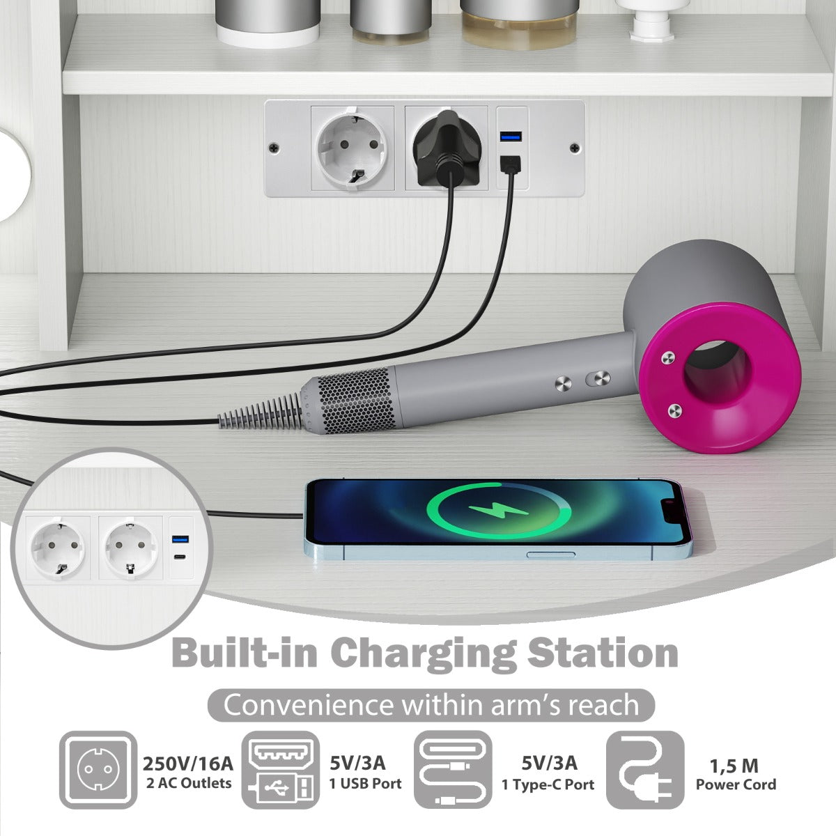 LIVSK Kaptafelset met Oplaadstation - High-Definition LED-Spiegel - Grote Opbergruimte - Stevige Constructie - Wit