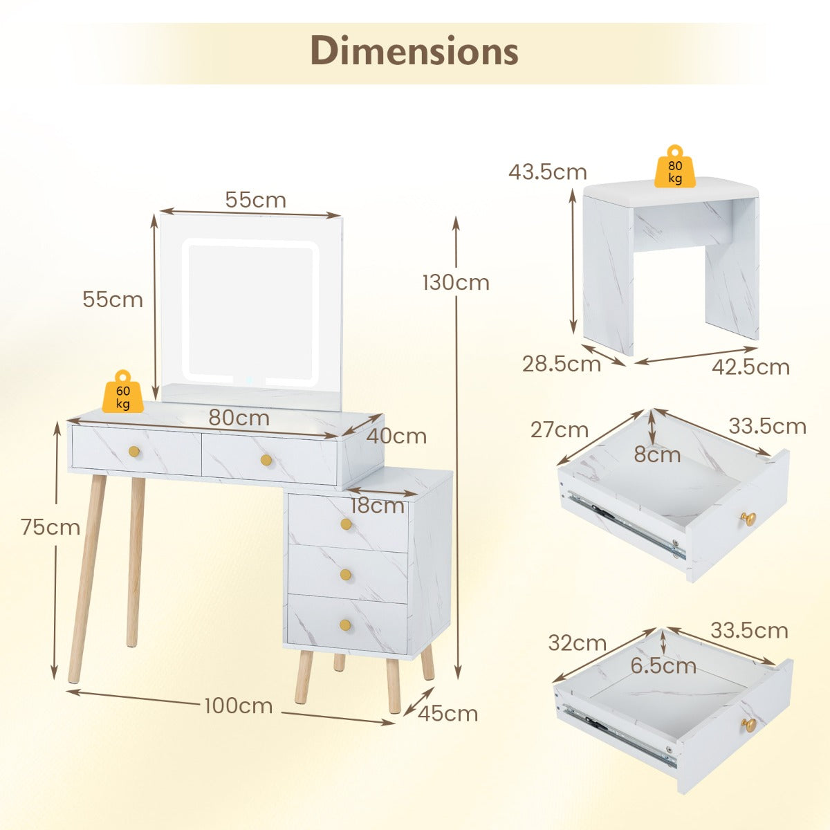 Livsk costway make uptafel met spiegel en verlichting make upset met 3 lichtstanden en instelbare helderheid wit 2
