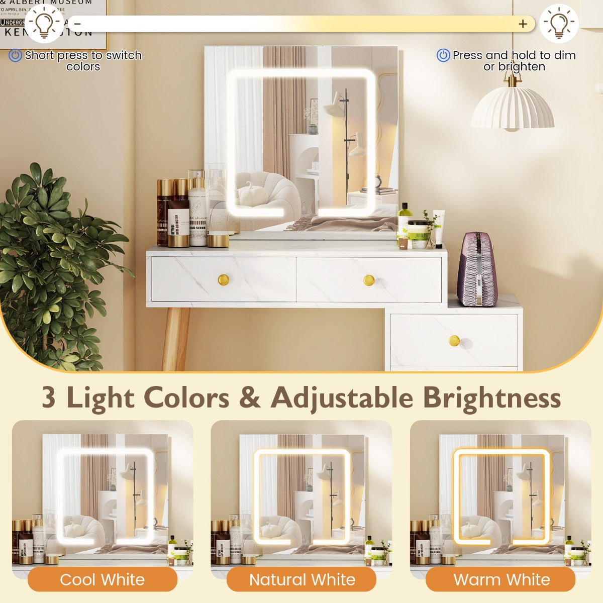 Livsk costway make uptafel met spiegel en verlichting make upset met 3 lichtstanden en instelbare helderheid wit 5