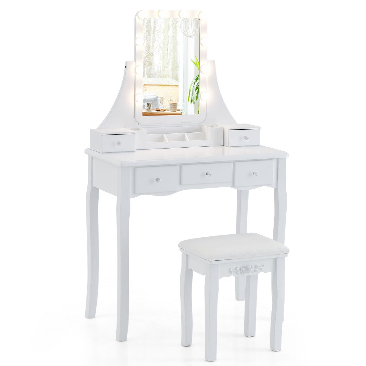 LIVSK Make-uptafelset - Draaibare LED Spiegel met 3 Kleurstanden - 5 Lades - Massief Houten Poten - Wit