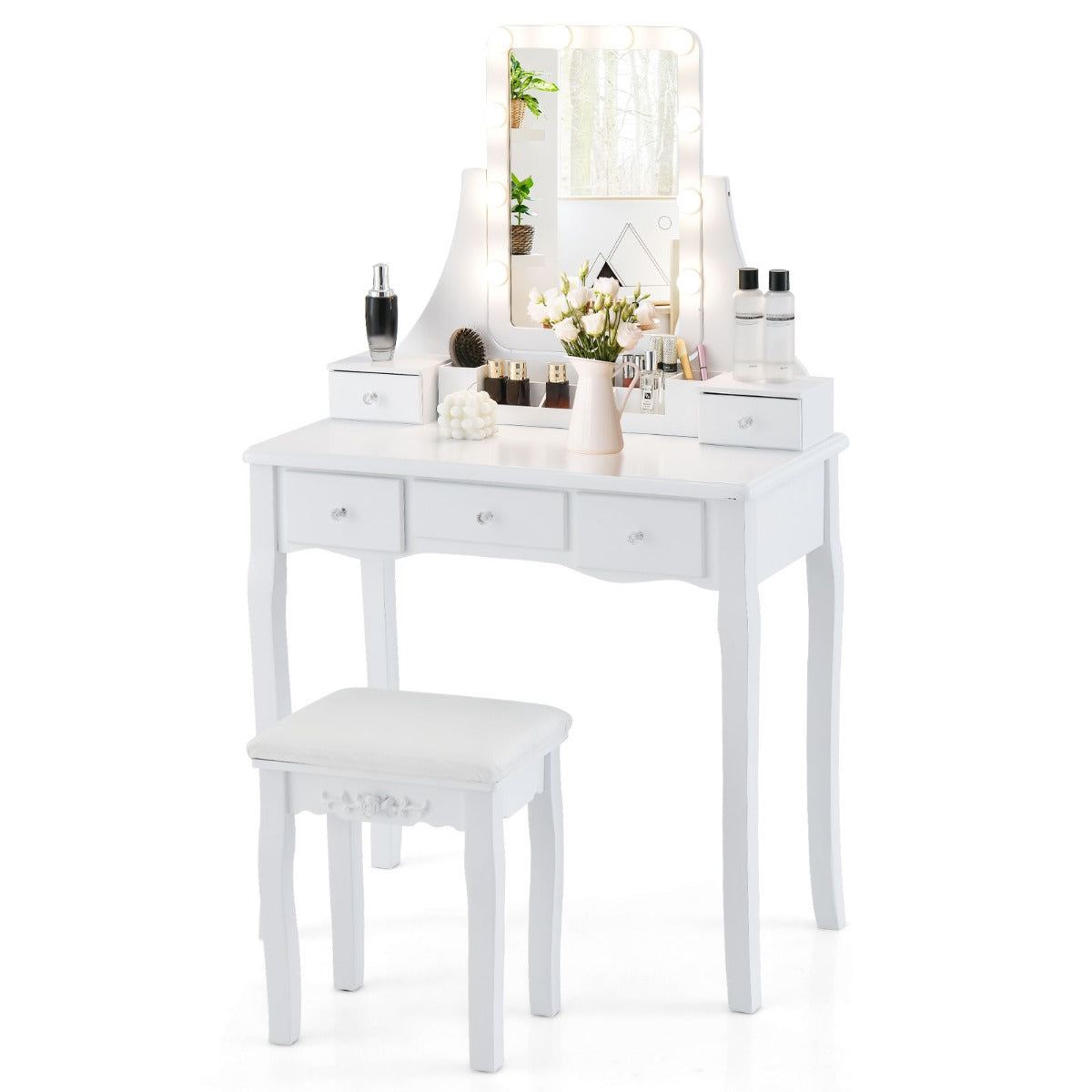 LIVSK Make-uptafelset - Draaibare LED Spiegel met 3 Kleurstanden - 5 Lades - Massief Houten Poten - Wit