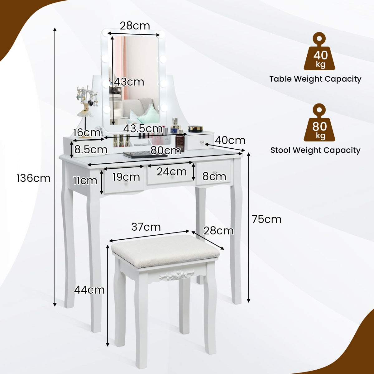LIVSK Make-uptafelset - Draaibare LED Spiegel met 3 Kleurstanden - 5 Lades - Massief Houten Poten - Wit