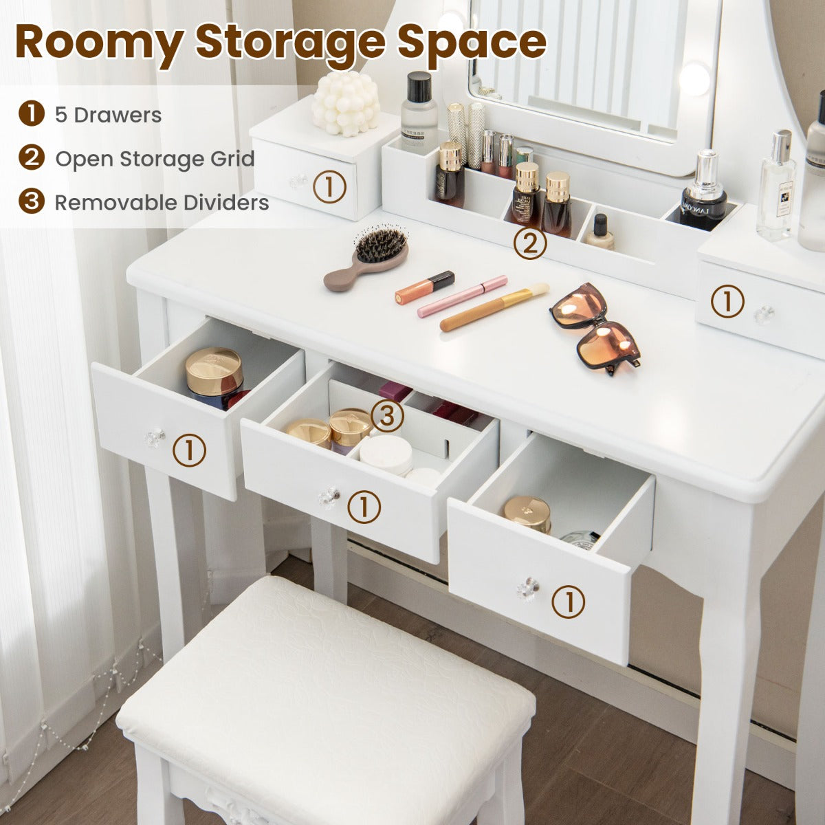 LIVSK Make-uptafelset - Draaibare LED Spiegel met 3 Kleurstanden - 5 Lades - Massief Houten Poten - Wit