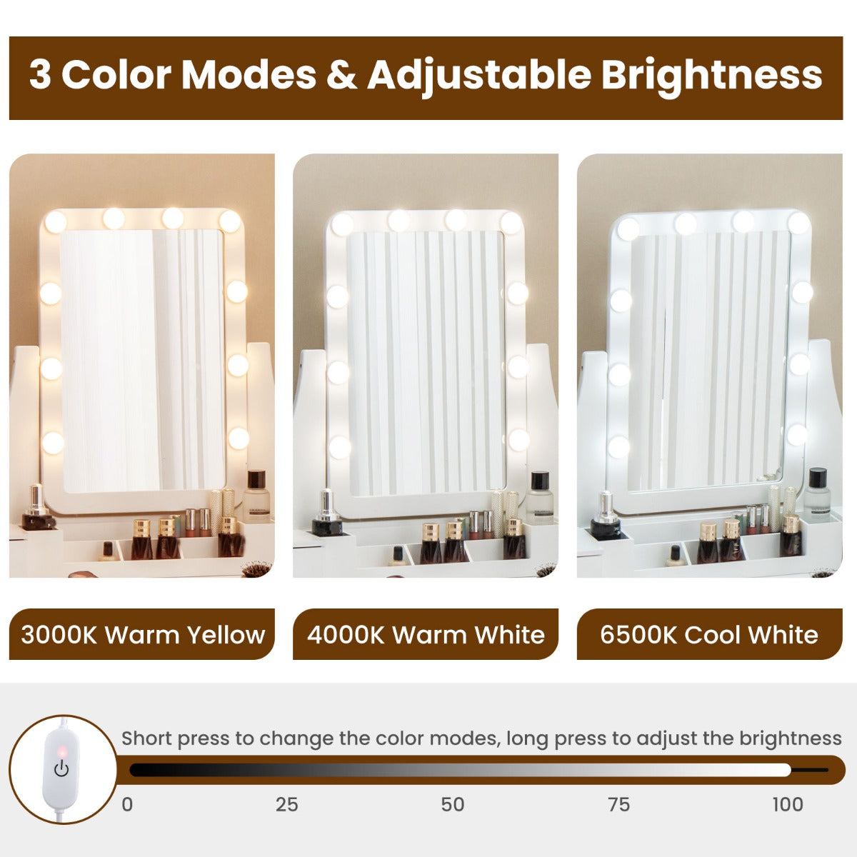 LIVSK Make-uptafelset - Draaibare LED Spiegel met 3 Kleurstanden - 5 Lades - Massief Houten Poten - Wit