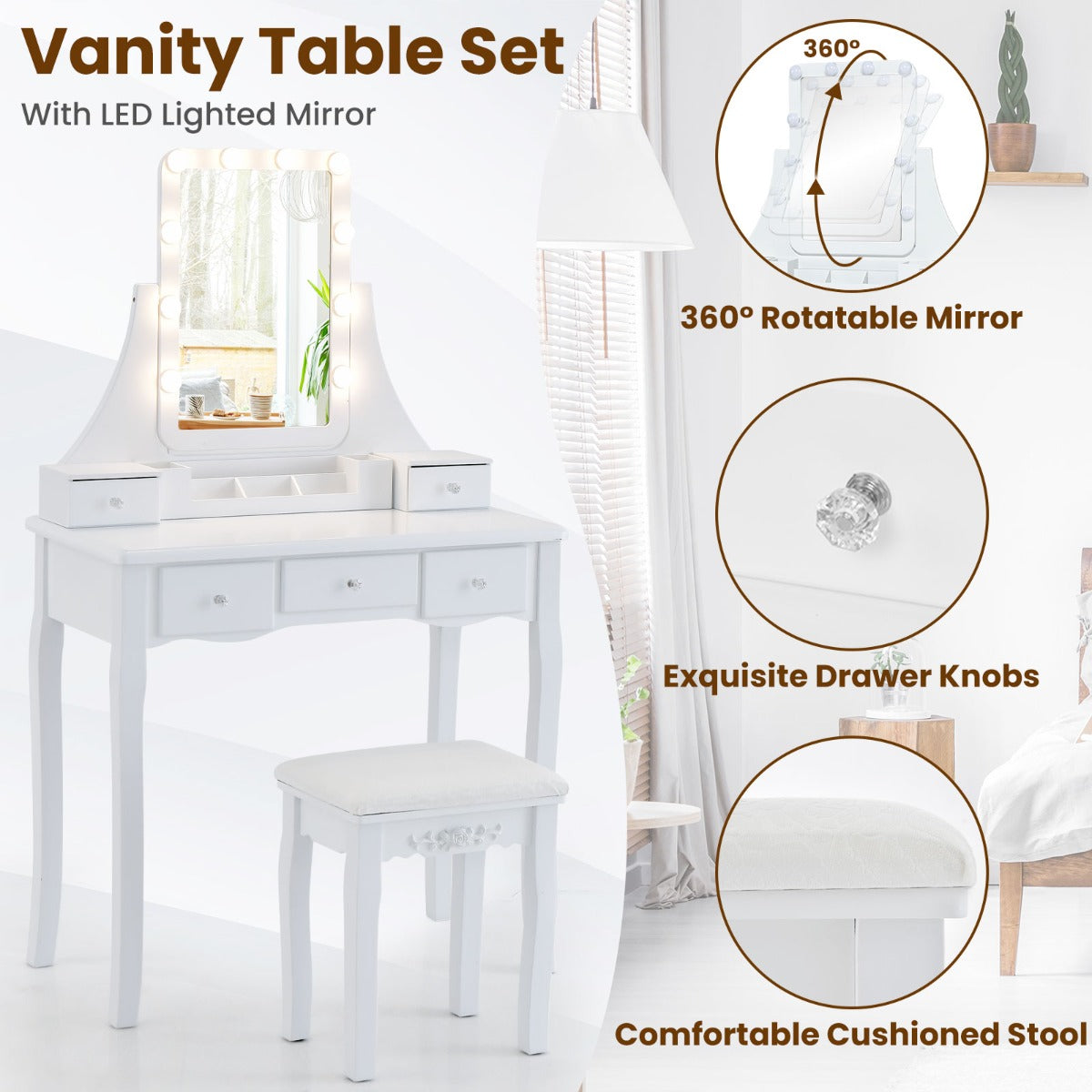 LIVSK Make-uptafelset - Draaibare LED Spiegel met 3 Kleurstanden - 5 Lades - Massief Houten Poten - Wit