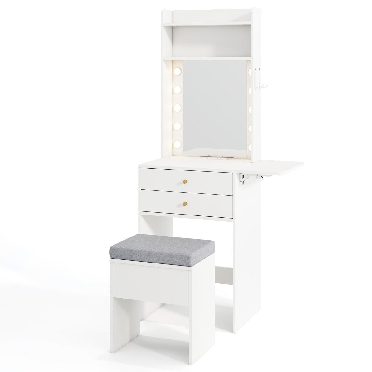 Livsk costway make uptafel met verlichting kaptafel met laadstation spiegel laden planken en inklapbaar tafelblad kruk met opbergruimte wit 1 1