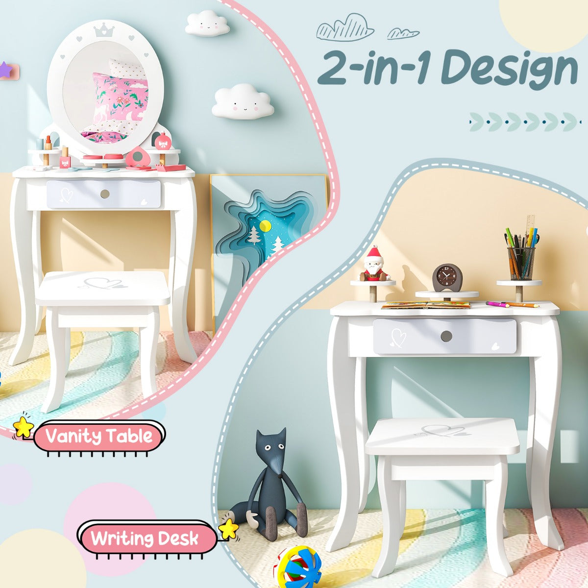 LIVSK 2-in-1 Make-uptafelset - Veilig en Stabiel - Inclusief 10 Accessoires - Voor Kinderen vanaf 3 jaar - Wit