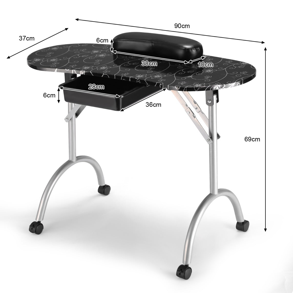 LIVSK Draagbare Nageltafel - Opvouwbaar met 4 Wielen - Ruime Lade - Kunstleren Polssteun - 90 x 37 x 68 cm - Zwart-Zilver