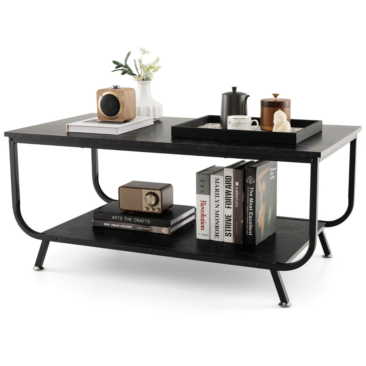 LIVSK Moderne Salontafel - Kunstmarmer met Metalen Frame - Twee Niveaus voor Opbergruimte - Eenvoudige Montage - 105 x 55 x 46,5